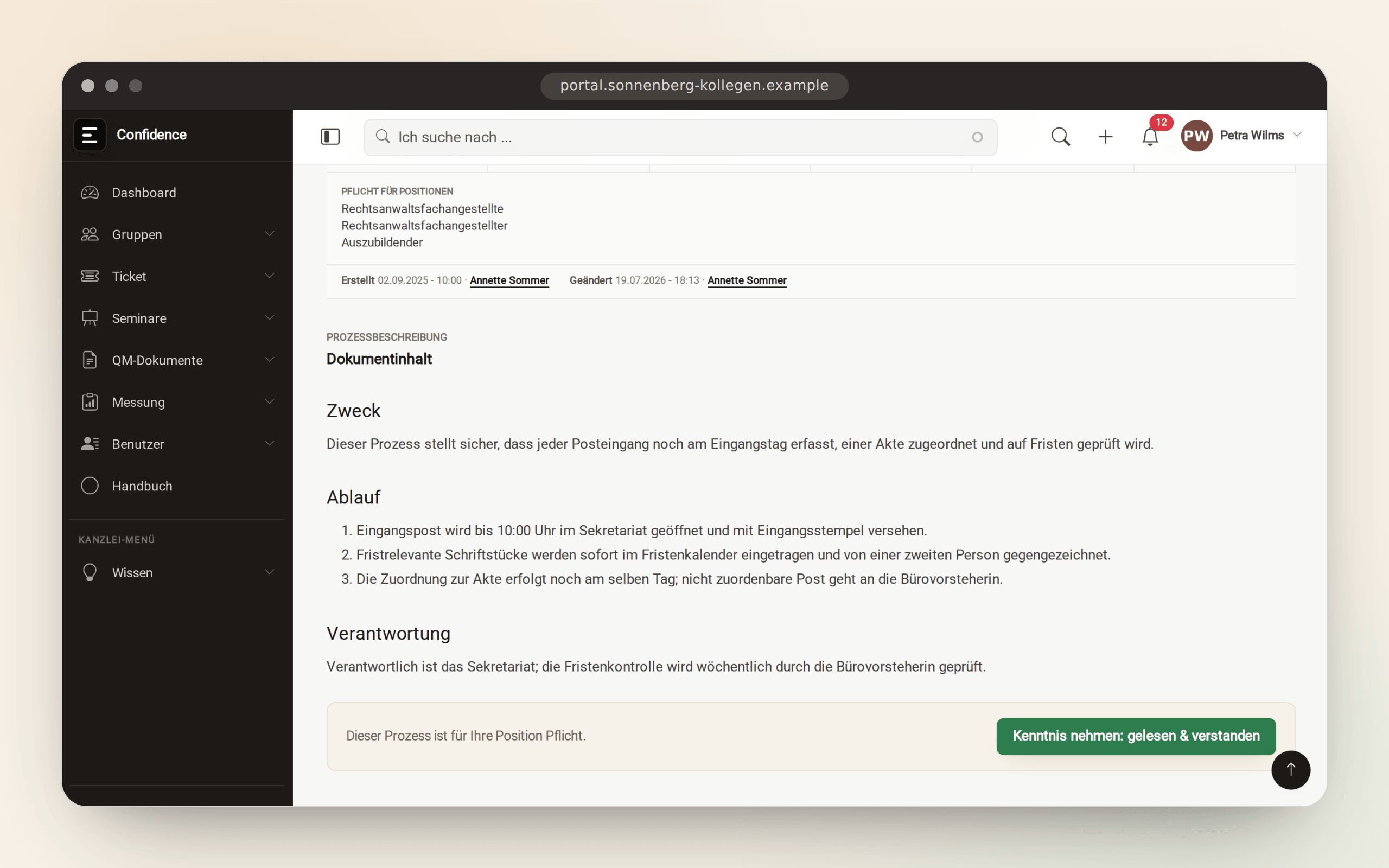Freigegebenes QM-Dokument der Demo-Kanzlei mit Revisionsstand, Pflicht-Positionen und der Schaltfläche „Kenntnis nehmen: gelesen & verstanden“.