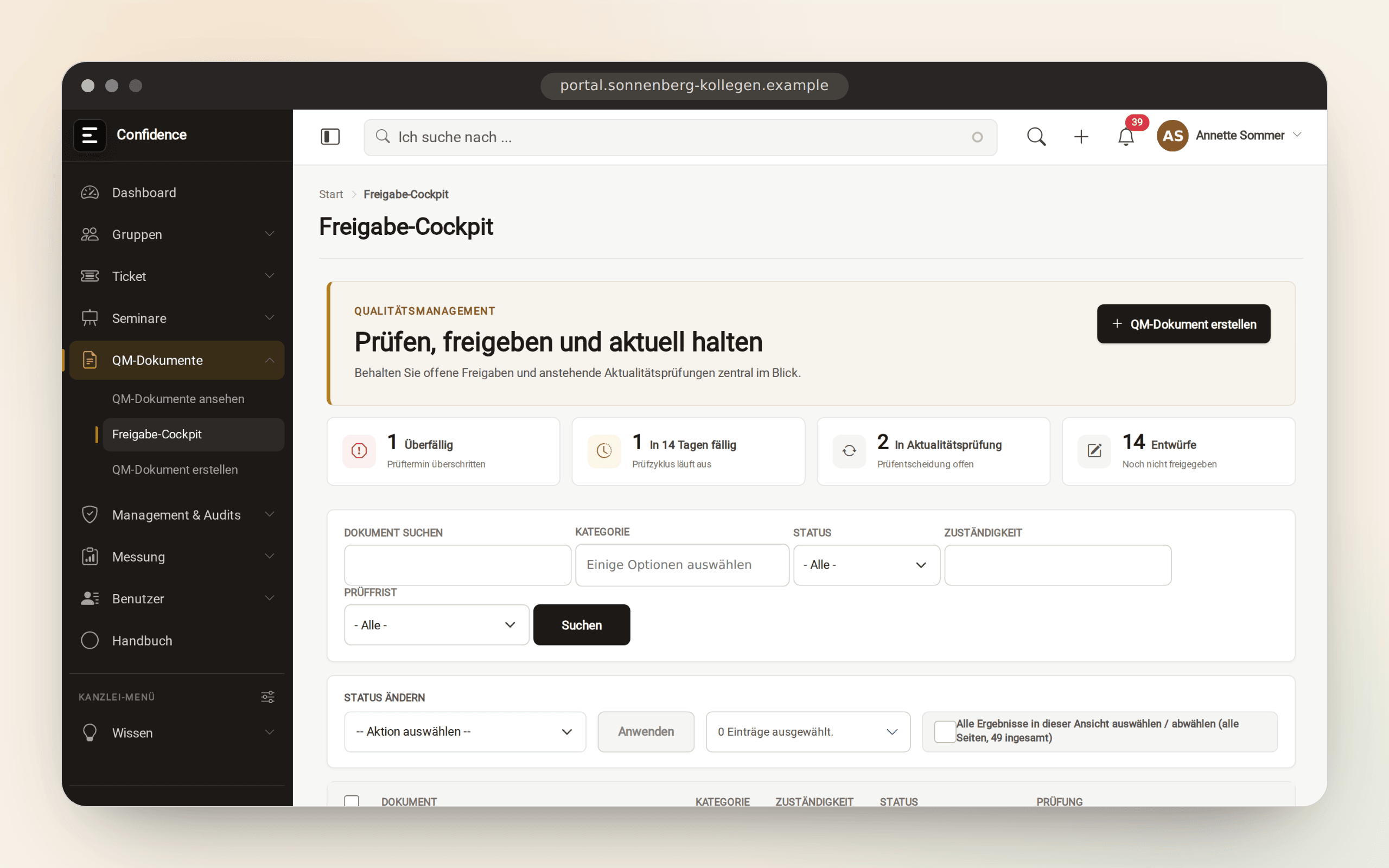 Freigabe-Cockpit der Demo-Kanzlei mit Kacheln für überfällige, in 14 Tagen fällige und in Aktualitätsprüfung befindliche QM-Dokumente sowie der filterbaren Dokumentliste.